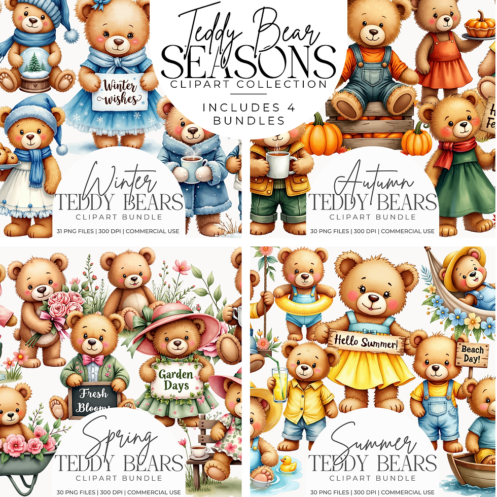 Thumbnail: Teddy Bear Seasons Clipart Bundle, Spring Summer Autumn Watercolor Bear PNGs
