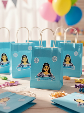 StickeredbyLauren.com Princess Elsa custom cartoon face kid's party stickers placed on aqua blue party favor bags to match the Frozen themed birthday party