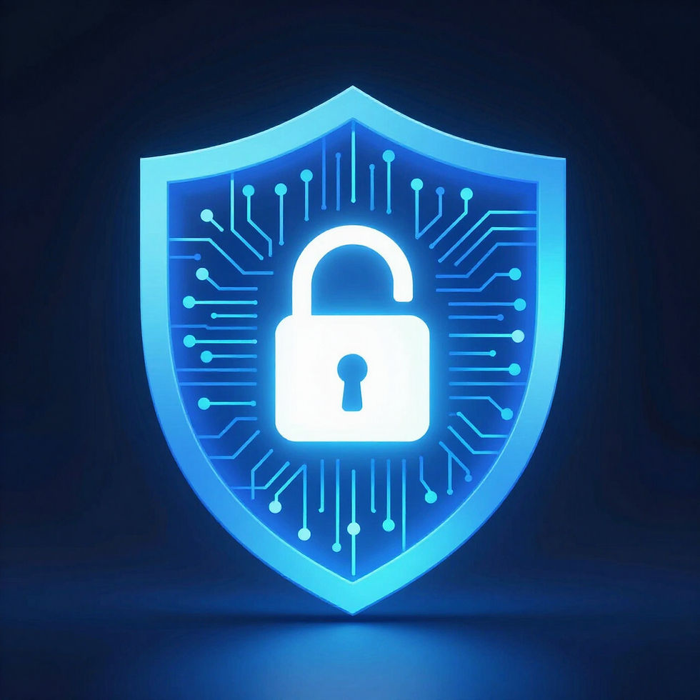 Landscape image of hands on keyboard with a glowing digital face recognition HUD overlay and security icons, blue cyber theme.
