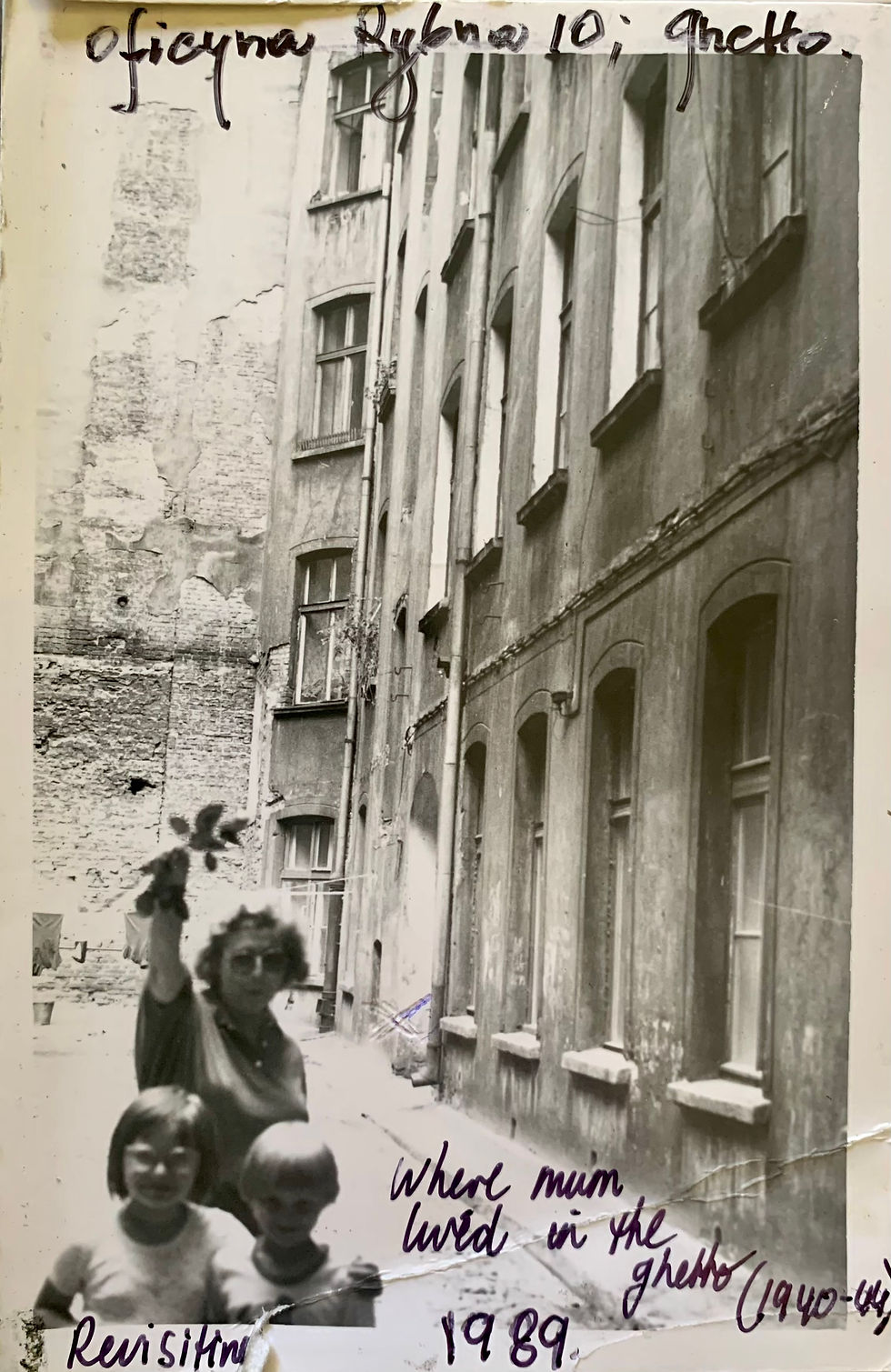 1989. Mum revisiting the courtyard at 10 Rybna Street in the Łódź Ghetto, where she had lived during the war.