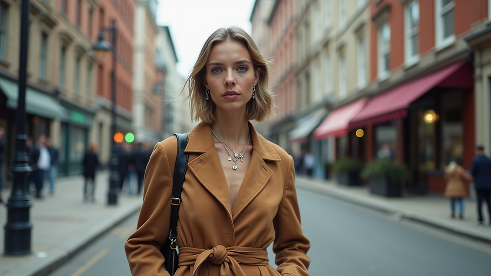 Eye-level view of a stylish outfit combining high-end and thrifted pieces on a city street