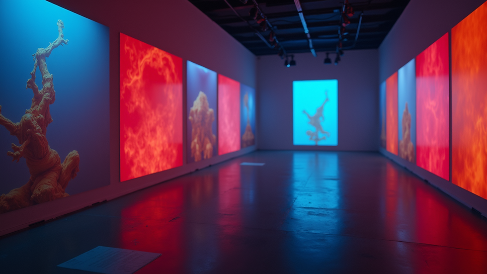 Close-up of a vibrant installation showcasing dark themes and vibrant colors