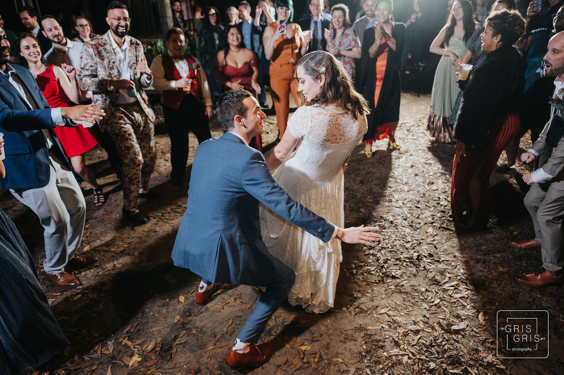 bride and groom dacning at music box ceremony