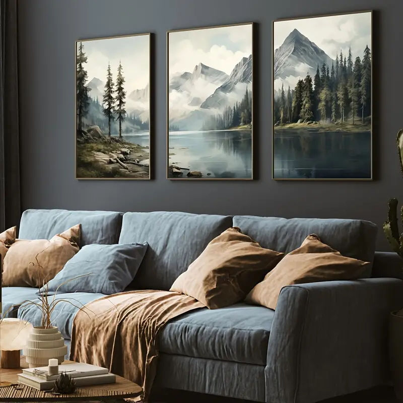 Set of 3 canvas posters with retro green watercolor modern landscape oil paintin