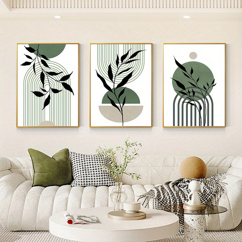 Thumbnail: Set of 3 pieces of boho wall art in sage green, green, black and beige, mid-cent
