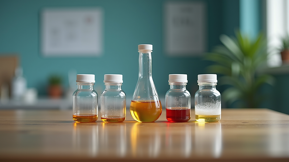 Eye-level view of a selection of research compounds on a wooden table