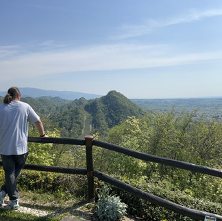 Den prosecca.. Výhled na vinice z vyhlídky v oblasti San Daniele s postavou opřenou o zábradlí