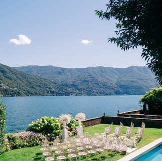 Lake Como wedding at Villa Regina Teodolinda with outdoor ceremony, Italian villa garden, and panora