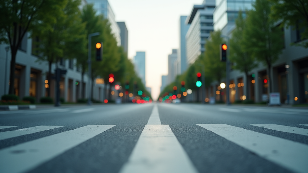 Eye-level view of a modern city street with smart traffic lights and green spaces