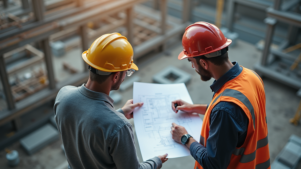 High angle view of engineers reviewing blueprints on a construction site