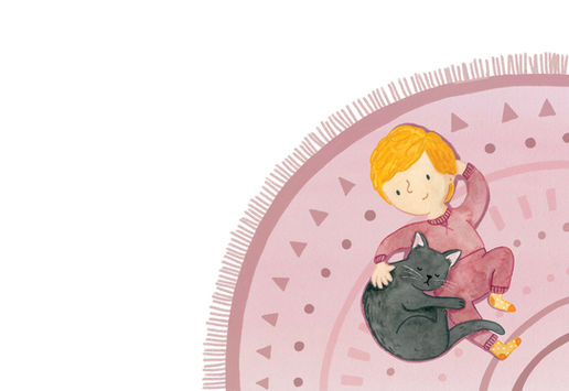picture book illustration, childrens illustration, watercolour illustration, boy on rug curled up with black cat