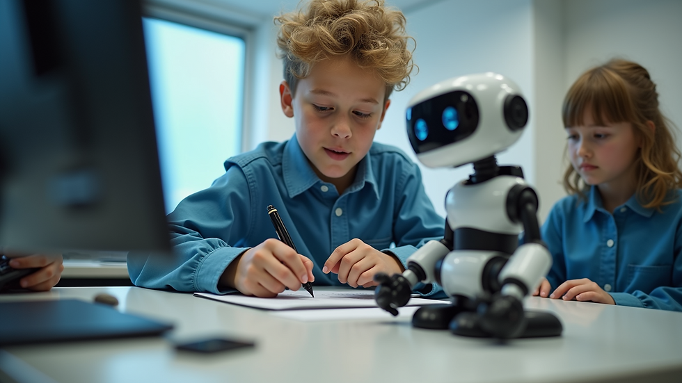 Eye-level view of a student programming a robot in a classroom setting