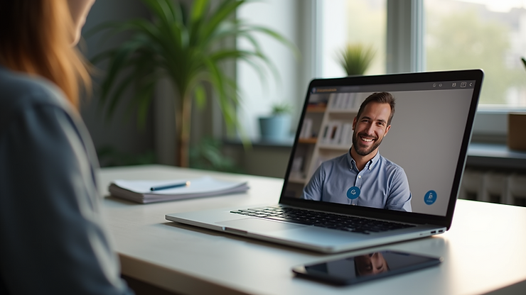 Eye-level view of a laptop on a desk with a video call screen showing a therapist