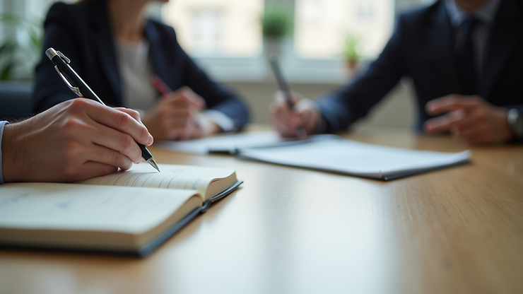 Close-up view of a notebook and pen on a table during a counseling session
