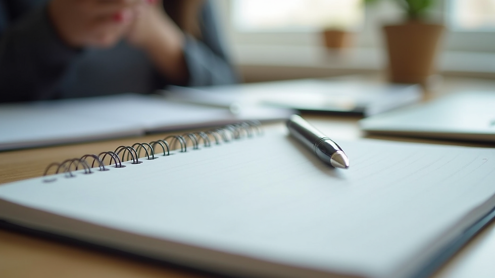 Close-up view of a notebook and pen on a therapy desk, ready for note-taking