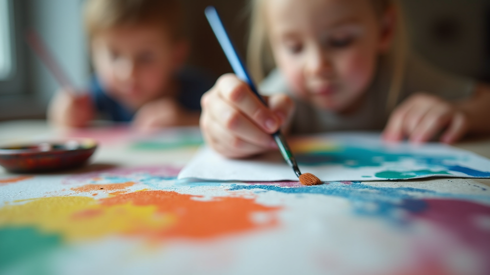 Close-up view of a community art class with colorful paints and brushes