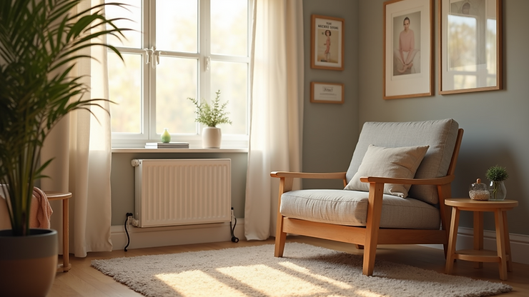Eye-level view of a cozy therapy room with a comfortable chair and soft lighting
