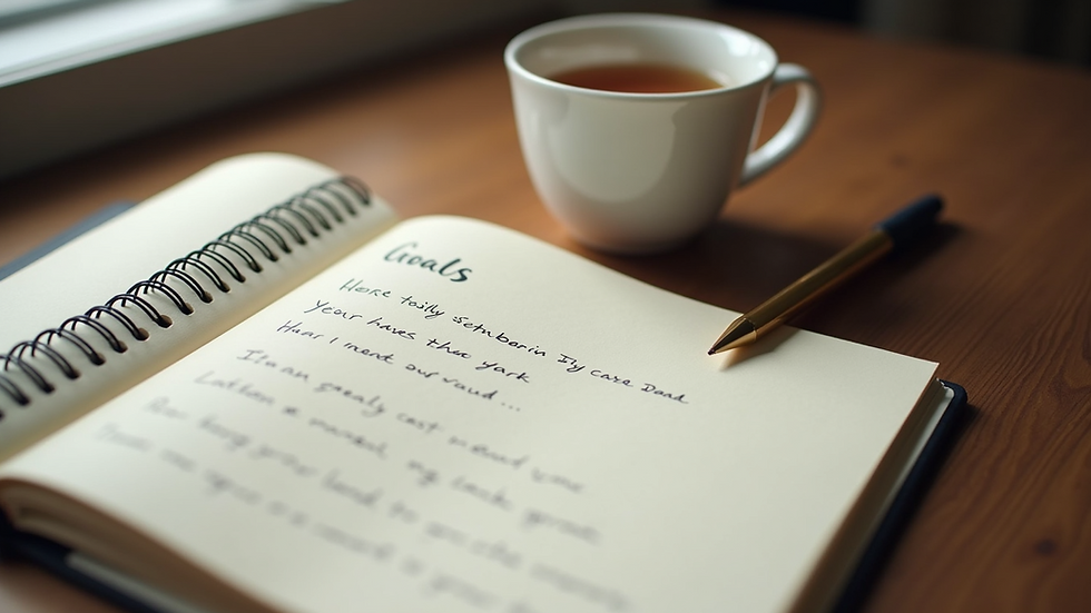 Close-up view of a notebook with handwritten goals and a cup of tea