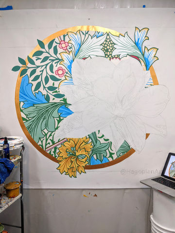 botanical mural in progress for philadelphia collector