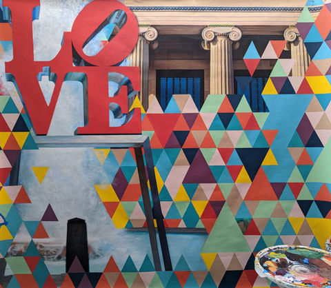 Philadelphia icons Rocky and LOVE sculpture on mural