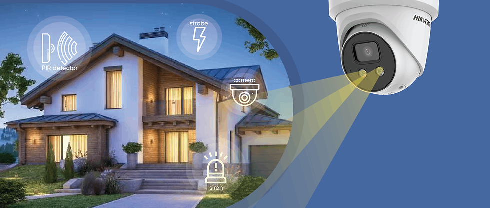 A white turret camera graphic is shining over a property - it has graphics which say strobe, camera, siren and PIR detector. The property is a lit up detached home with the lights on.