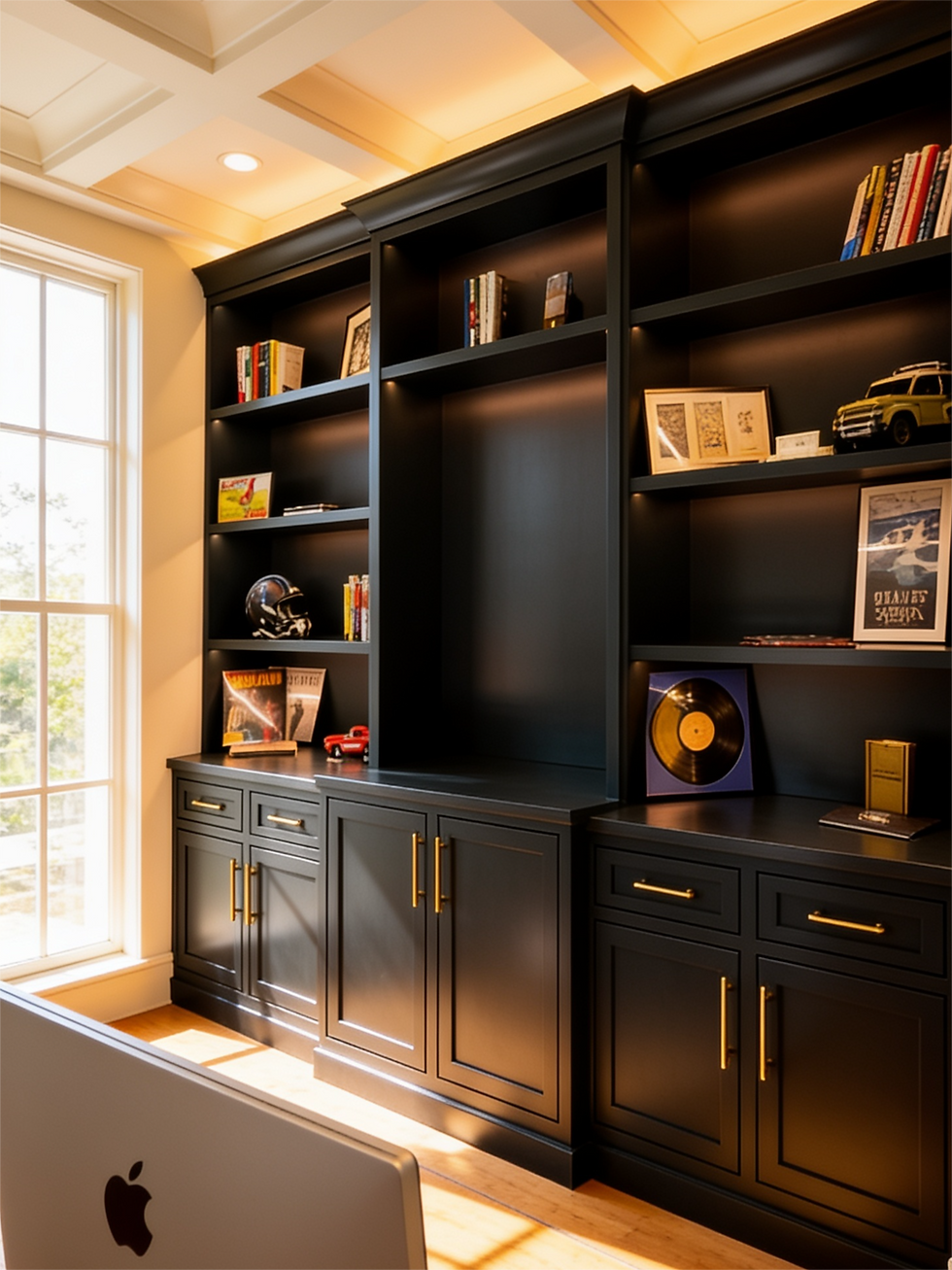 Dark inset home office built-ins in Dilworth with recessed LED shelf lighting