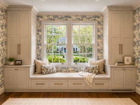 Floor-to-ceiling inset playroom cabinetry with integrated window seat