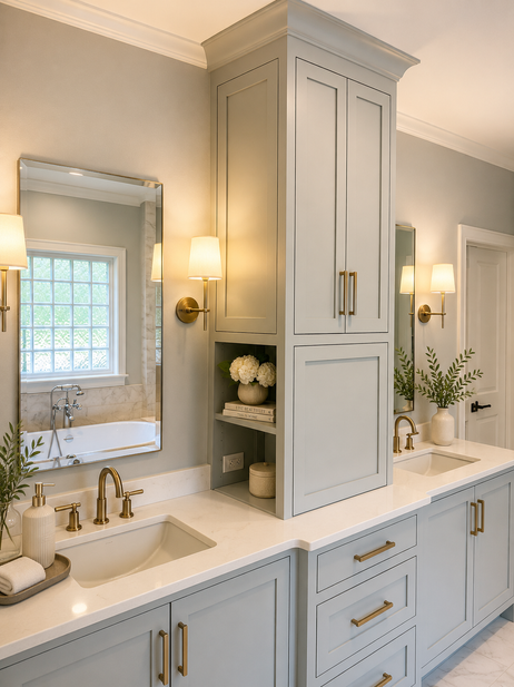 Luxury blue bathroom vanity with tower cabinet mirrors and brass hardware