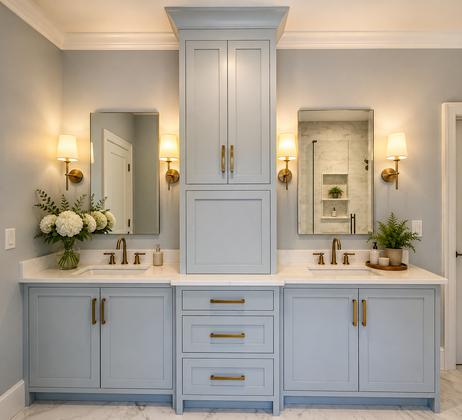 Custom blue double bathroom vanity with inset doors and drawers