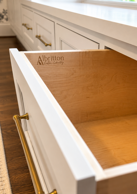 Branded dovetail drawer box with finished cabinetry interior