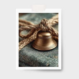 Close-up of a folded linen napkin tied with twine and decorated with a small brass bell for a festive holiday table setting.