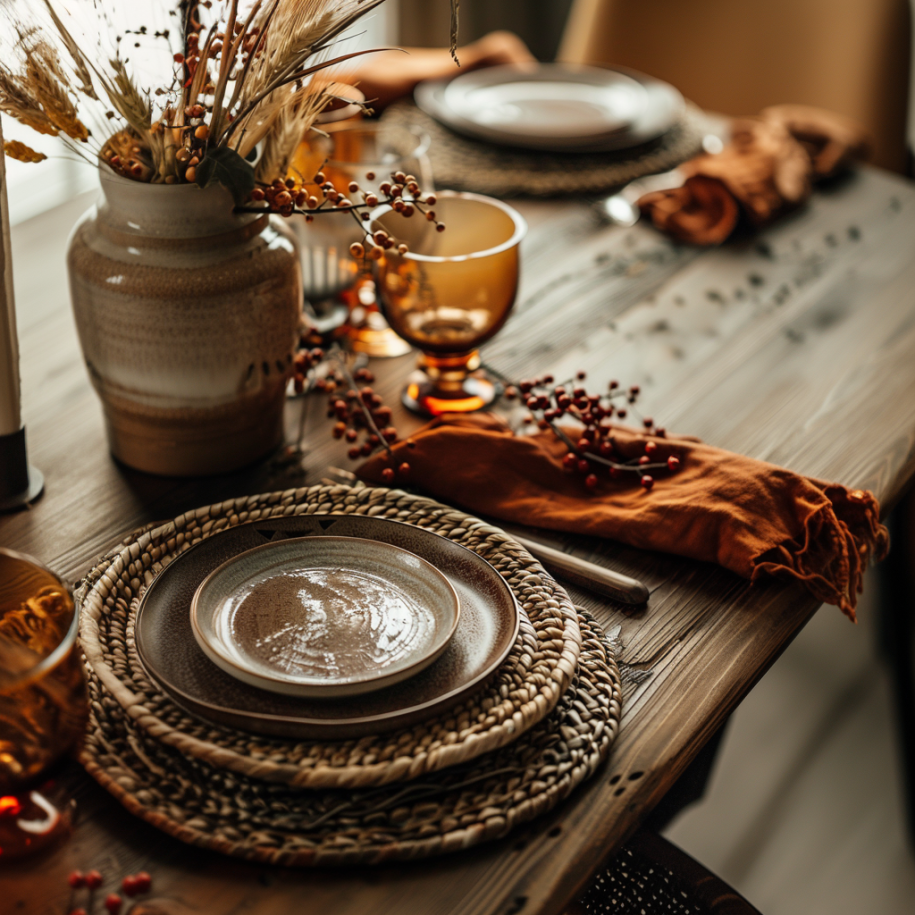 Rustic autumn place setting with stoneware dishes, amber glassware, and dried floral centerpiece in ceramic vase