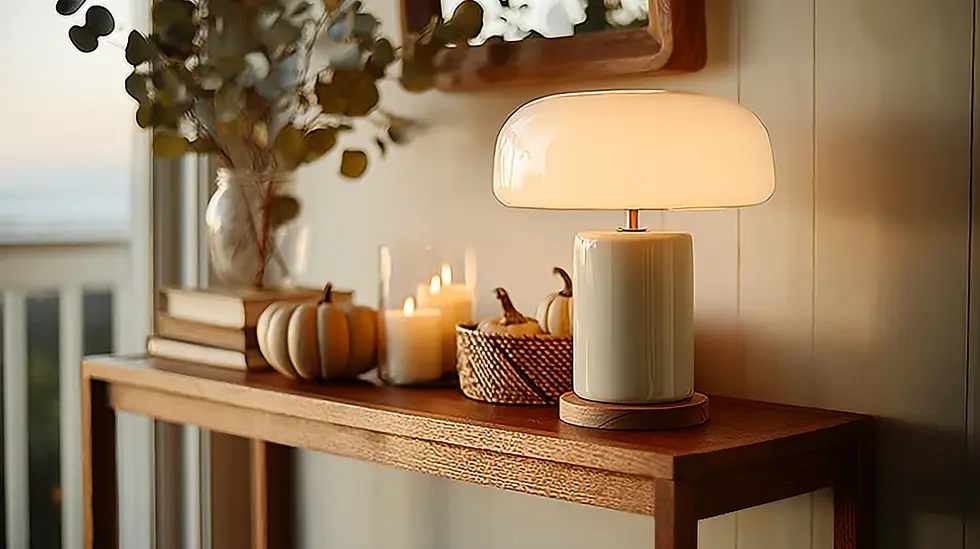 Cozy table with an illuminated lamp, small pumpkins, and candles in a warm-toned room. A vase with eucalyptus stands beside books.
