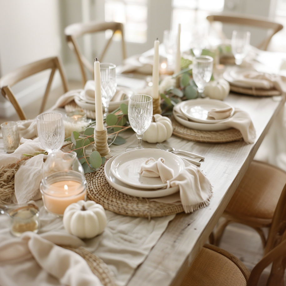 Neutral fall tablescape with woven chargers, linen napkins, white pumpkins, candles, and eucalyptus garland