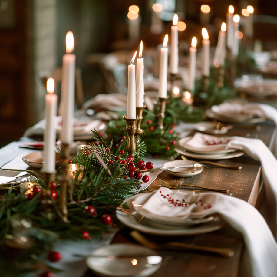 Christmas dining table with brass candlesticks, evergreen garland, red berries, and white napkins at each place setting
