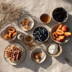 Our favorite kind of summer hosting: a laid-out board of waffles, yogurt, honey, berries, and peache