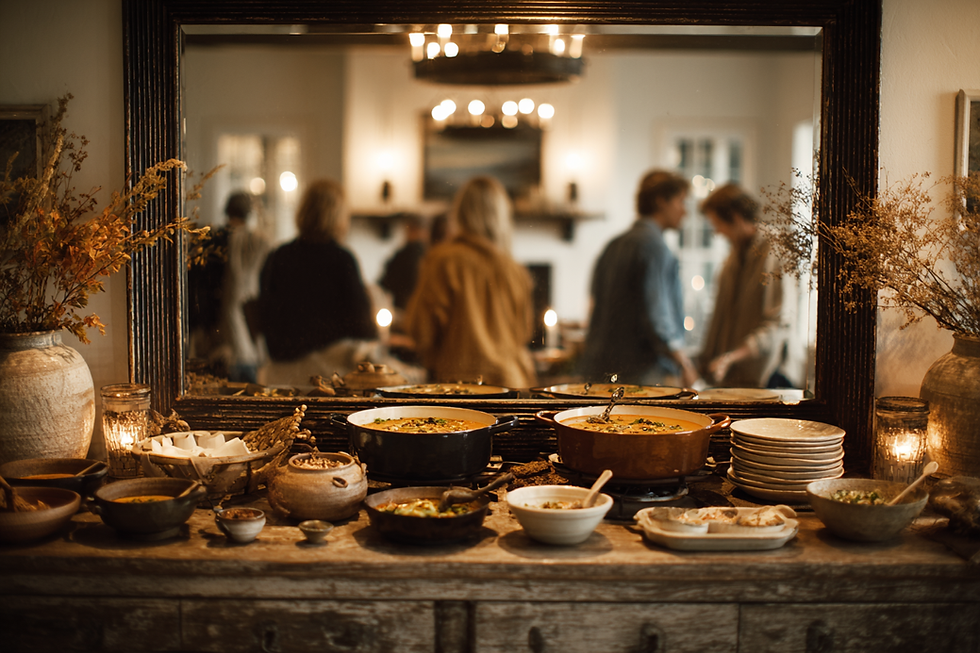 Buffet with various dishes and bowls, reflected in a mirror showing people mingling in a warmly lit room. Decorated with autumn foliage.