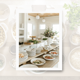 A bright holiday kitchen island set with white stoneware, stacked plates, greenery, and a curated build-your-own food bar display, styled for stress-free entertaining in our future New England home.