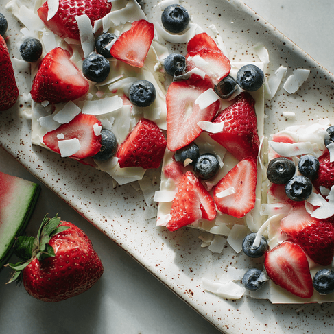 In our future kitchen, we plan to make a summer fruit chocolate bark like this with strawberries, bl