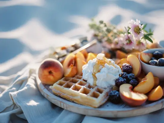 Our favorite kind of summer hosting: a laid-out board of waffles, yogurt, honey, berries, and peache