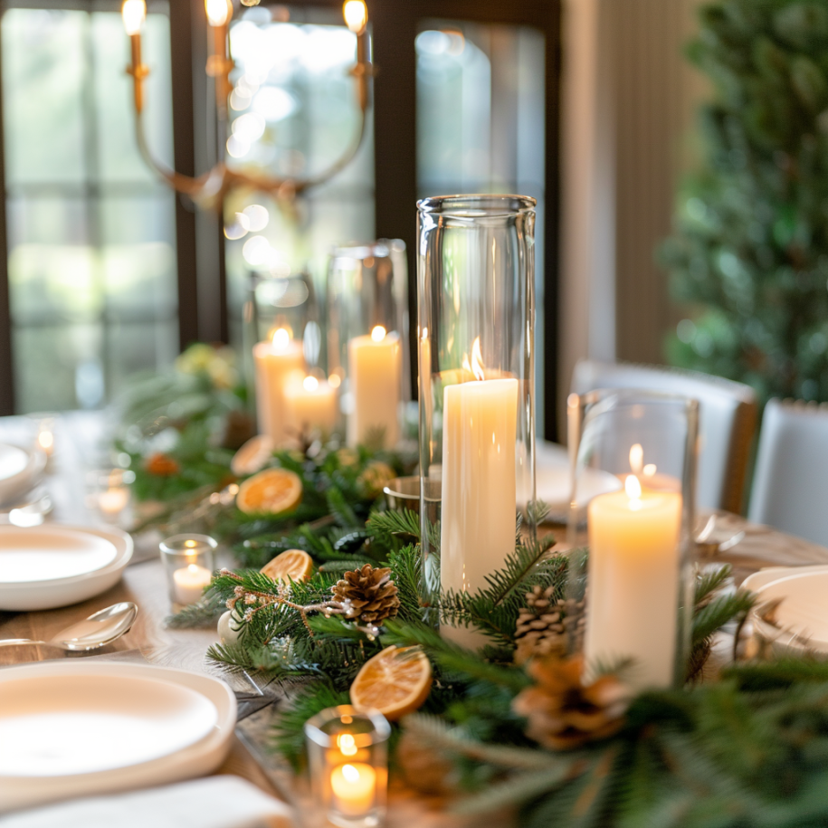 Festive dining table centerpiece with pillar candles in glass hurricanes, pinecones, evergreen branches, and dried orange slices