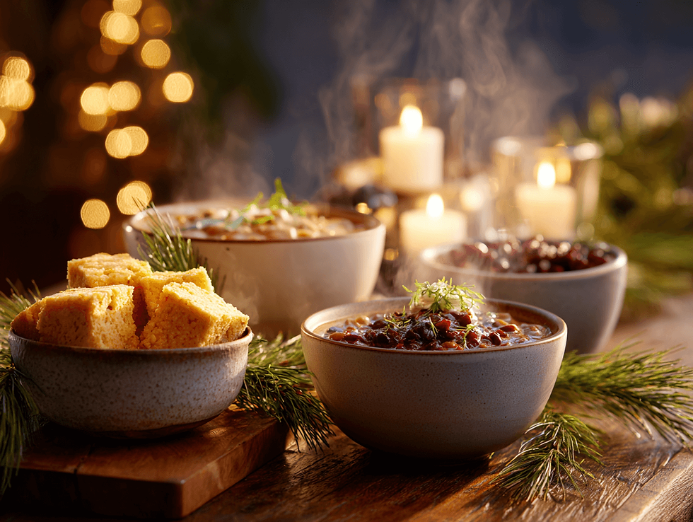 Warm holiday-style table setting with bowls of chili, cubed cornbread, evergreen sprigs, and lit candles creating a cozy, festive ambiance.