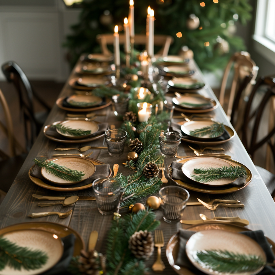Christmas dining table with dark stoneware plates, evergreen sprigs, pinecones, gold flatware, and tall taper candles