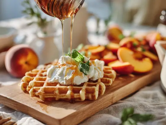 Our favorite kind of summer hosting: a laid-out board of waffles, yogurt, honey, berries, and peache