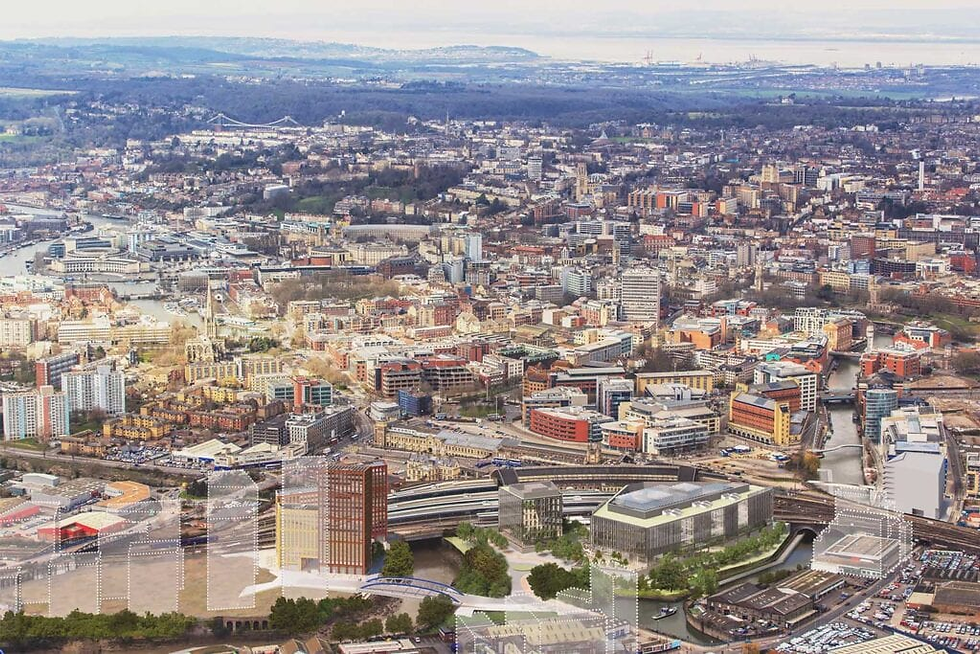 Image: CGI Bristol cityscape with Temple Quarter Enterprise Campus right foreground - courtesy Buro Happold