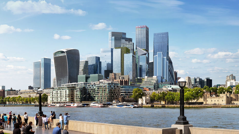 Image: view from the Queen's Walk across the Thames to the City of London tall building cluster (CGI courtesy DBOX Communications for the 1 Undershaft skyscraper development designed by Eric Parry Architects)