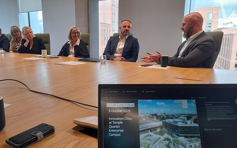 Image: David Varney of Womble Bond Dickinson talking, Neil Harvey and Claire Smith of Buro Happold, Heather Fearfield of Future Cities Forum and Clare Wilks of LDA Design listening