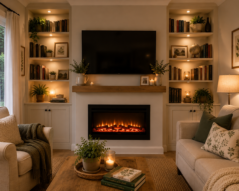 Cozy living room with built-in bookshelves, lit fireplace, TV, plants, and candles, softly lit in warm beige tones.