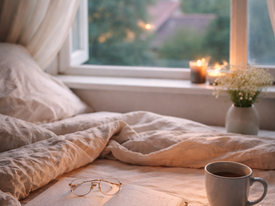 Book and pen on a bed with candle burning on windowsill