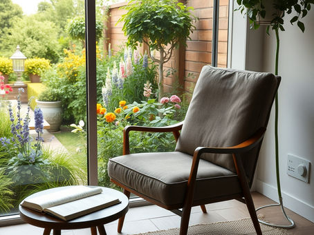 An empty chair beside a softly lit window with an open book nearby.